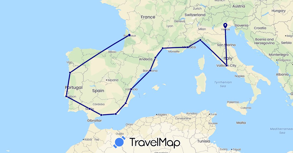 TravelMap itinerary: driving in Spain, France, Italy, Portugal (Europe)